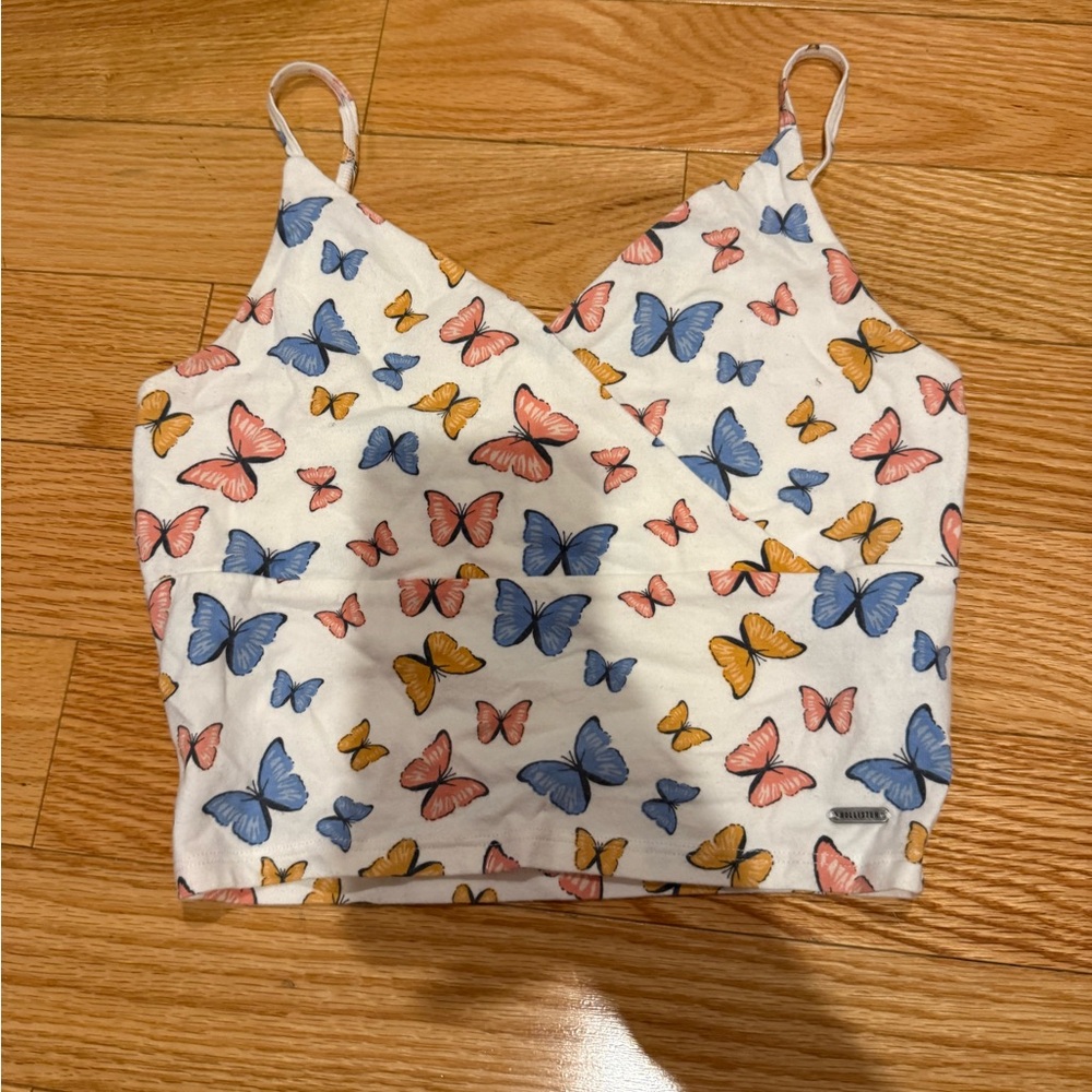 Hollister White Butterfly Print Cropped Tank Top
